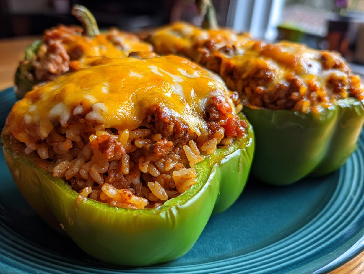 Close-up of green bell peppers stuffed with a mixture of ground meat and rice, topped with melted cheddar cheese.