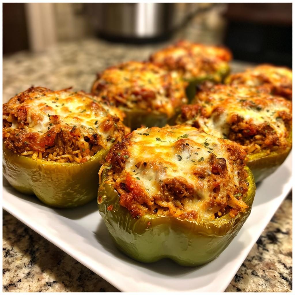 Close-up of green stuffed peppers with a cheesy, savory filling, perfect for air fryer recipes.