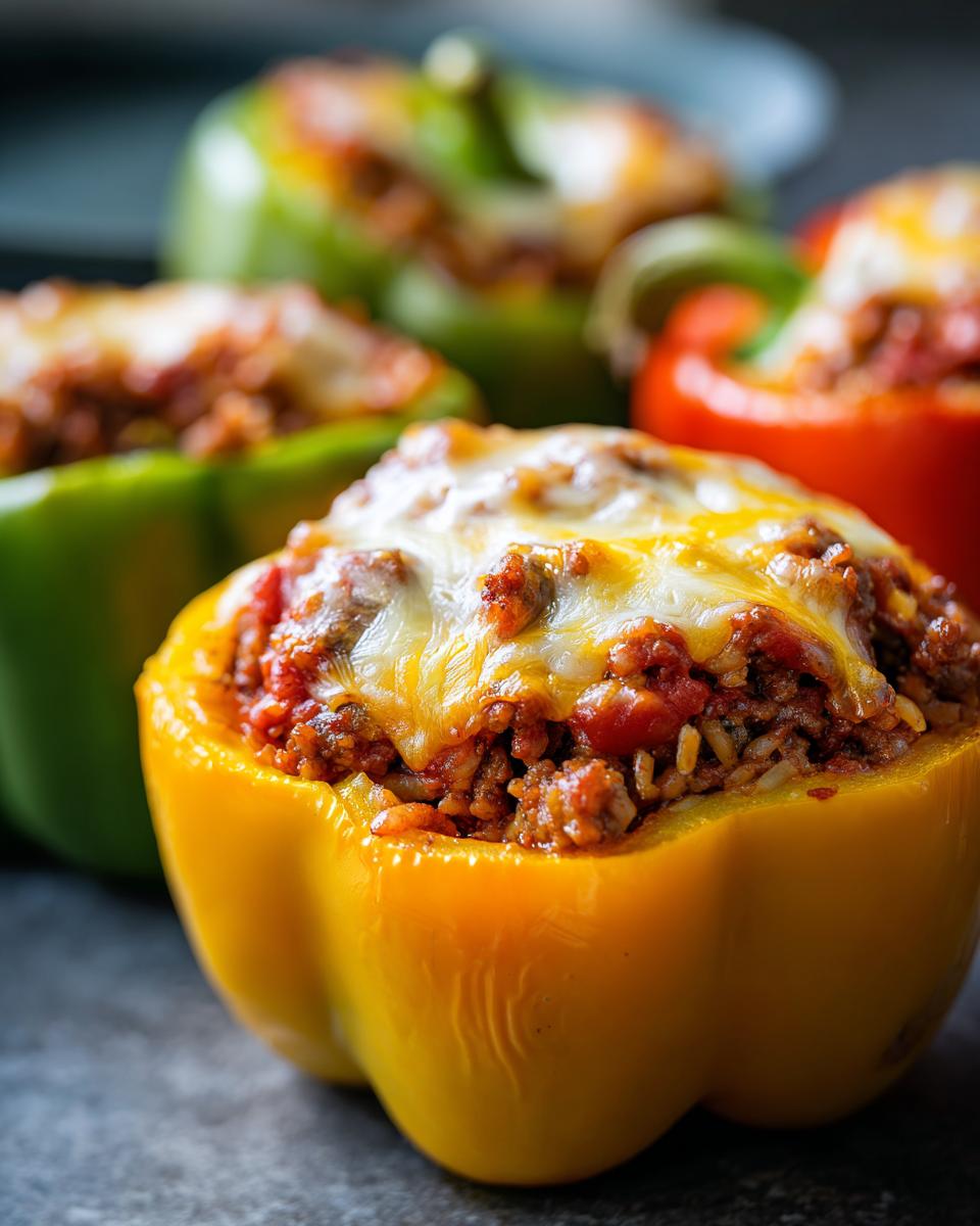 Close-up of a yellow stuffed pepper in an air fryer recipe, topped with melted golden cheese.