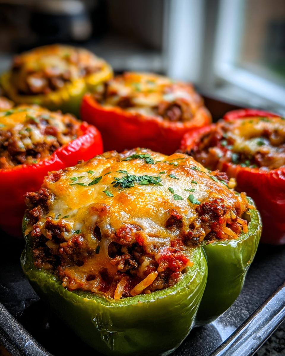 Close-up of air fryer stuffed peppers filled with seasoned ground meat and rice, topped with melted cheese and parsley.