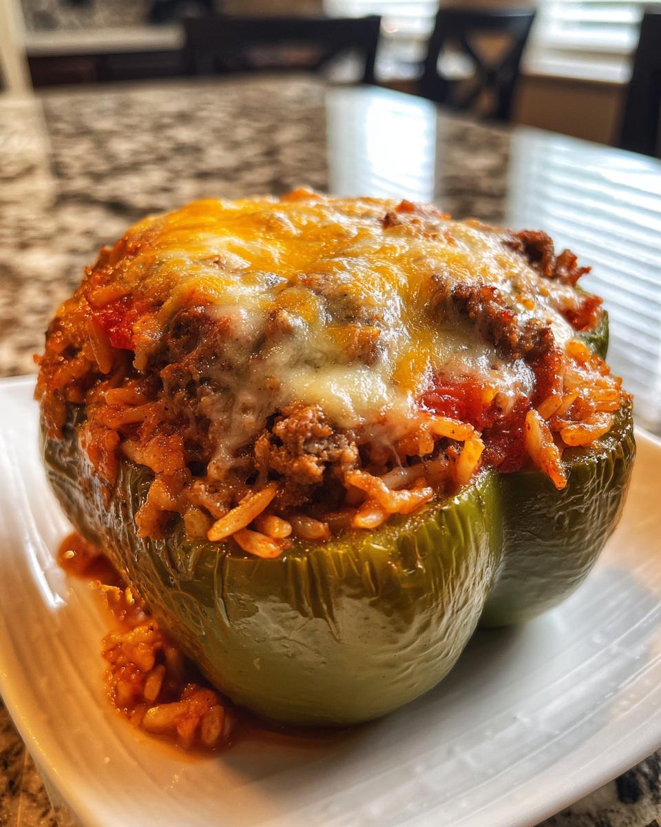 A close-up of a green stuffed pepper in an air fryer recipe, filled with meat and rice, topped with melted cheese.
