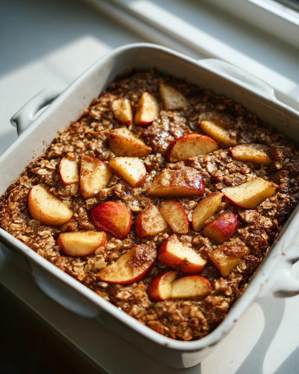 Close-up of baked apple cinnamon oatmeal in a white baking dish, topped with fresh apple slices and cinnamon.