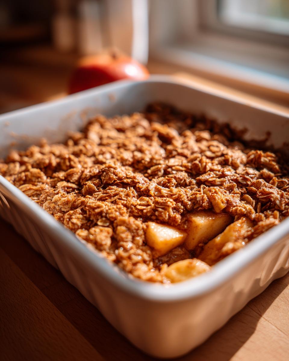 Close-up of freshly baked apple cinnamon oatmeal in a white baking dish, showcasing tender apple chunks and a golden oat topping.