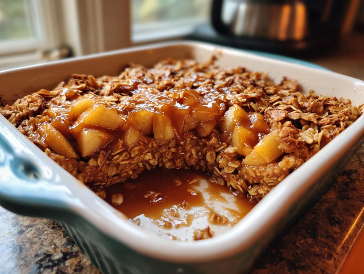 Close-up of baked apple cinnamon oatmeal with a caramel drizzle in a baking dish.