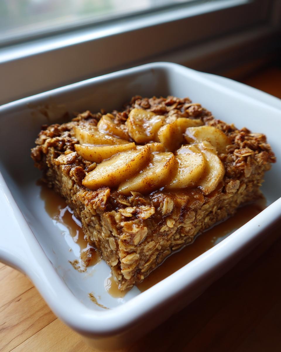 A square slice of apple cinnamon baked oatmeal topped with sliced apples and cinnamon.