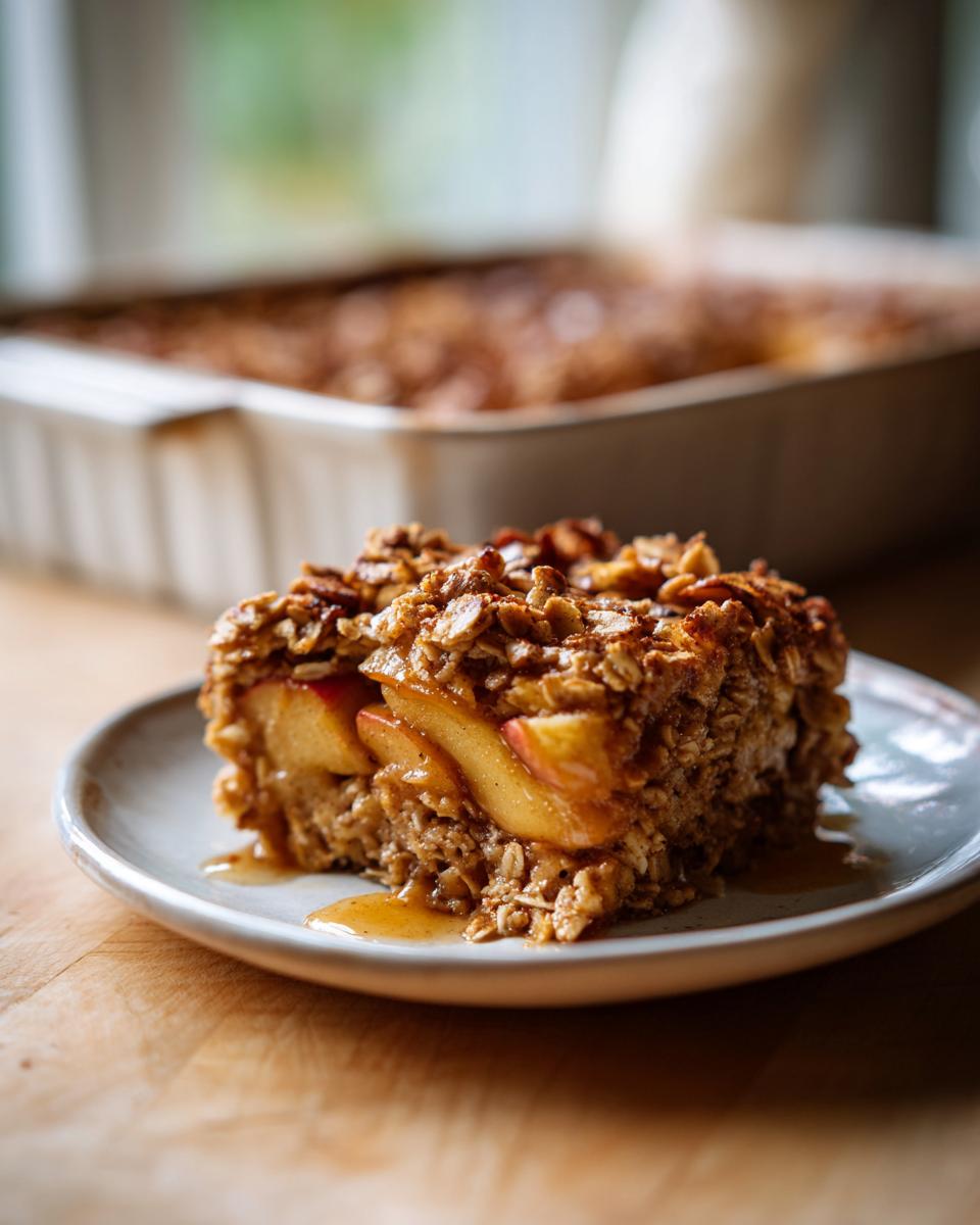 A delicious slice of Apple Cinnamon Baked Oatmeal on a plate, showcasing tender apple pieces and a topping of oats and cinnamon.
