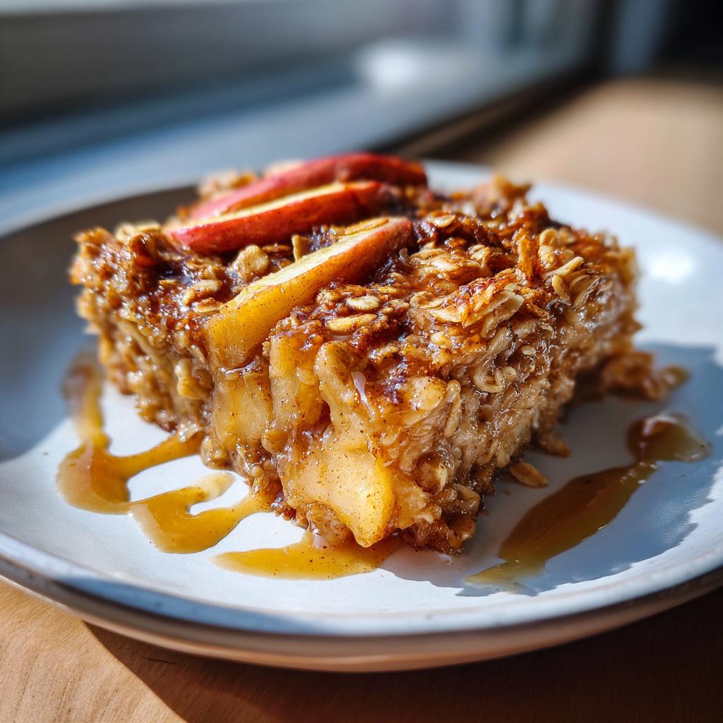 A delicious slice of apple cinnamon baked oatmeal, topped with fresh apple slices and drizzled with syrup.
