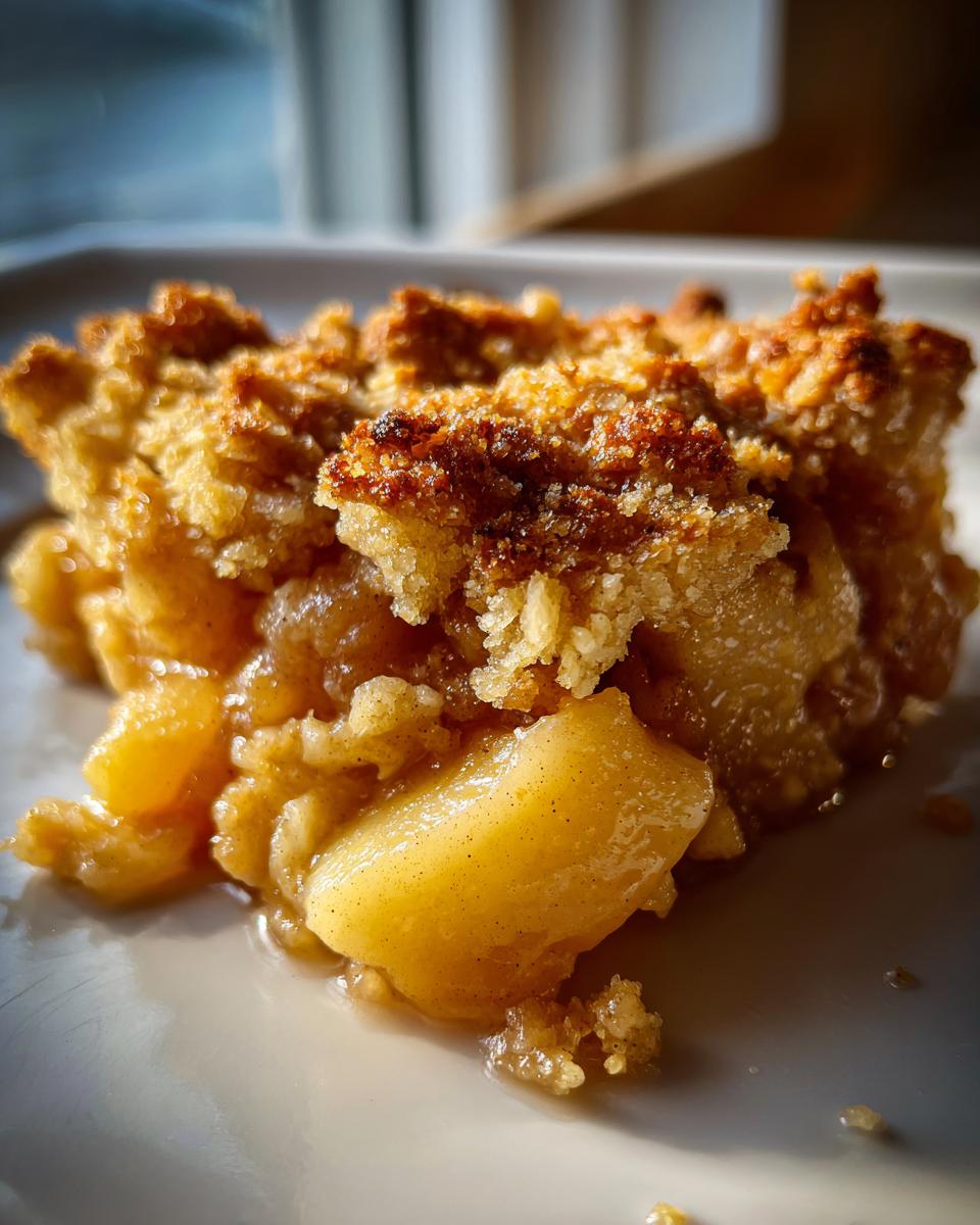 A close-up of a warm and buttery slice of apple crisp, showing tender apple pieces and a golden crumb topping.