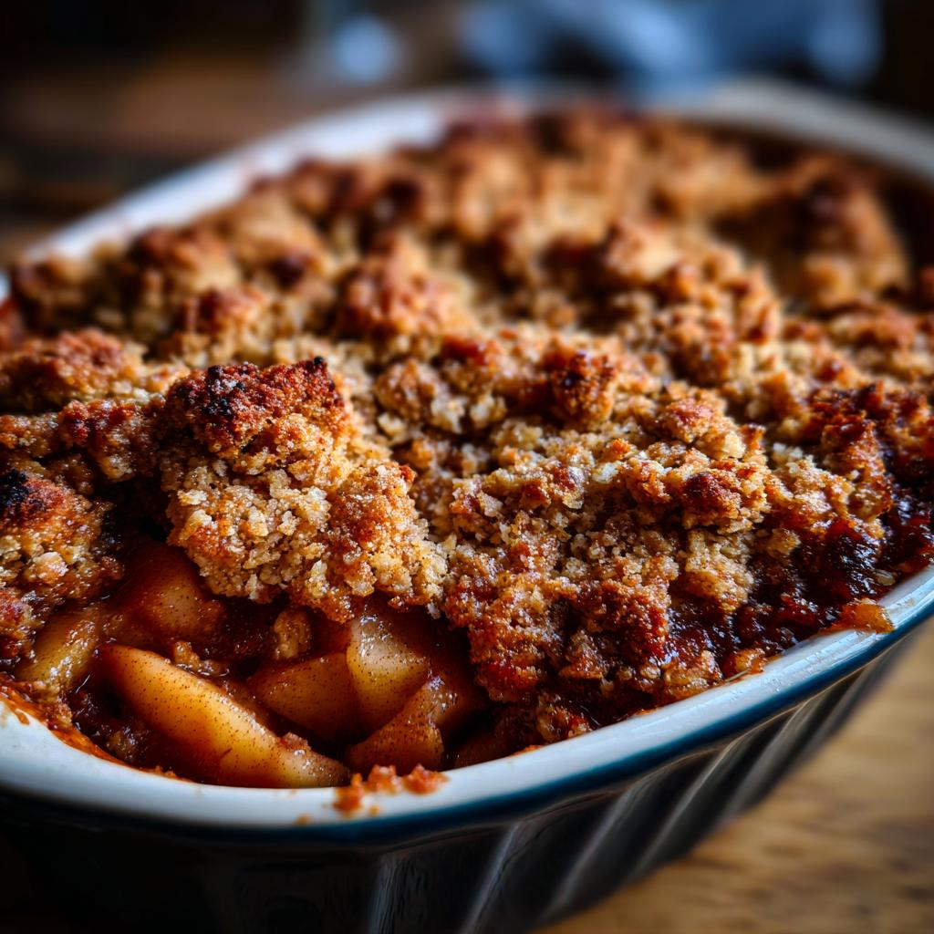 Close-up of a baked apple crisp in a dark blue dish, showing tender apple slices with a golden-brown, buttery crumble topping.