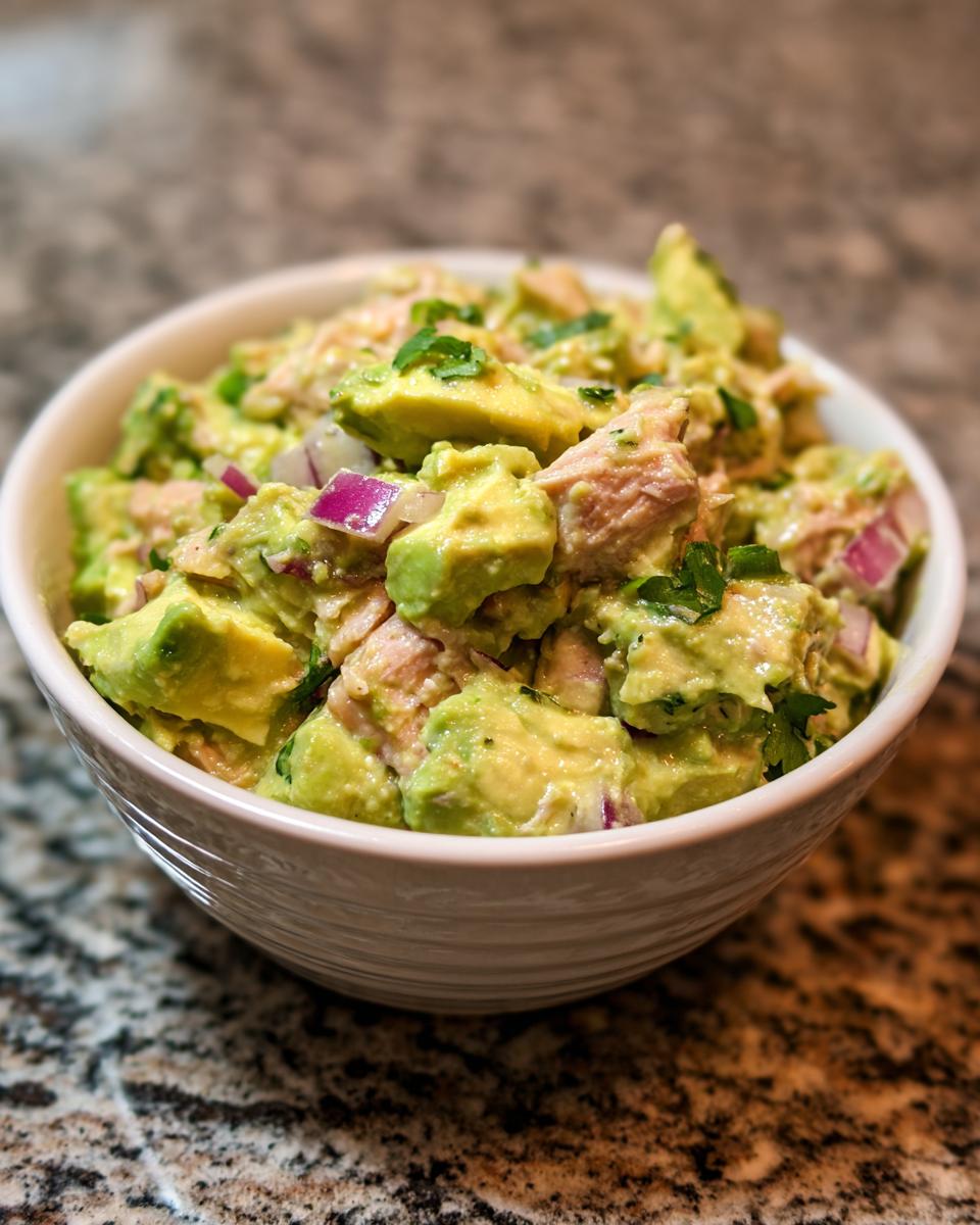 A bowl of creamy avocado tuna salad with chunks of avocado, tuna, red onion, and cilantro.