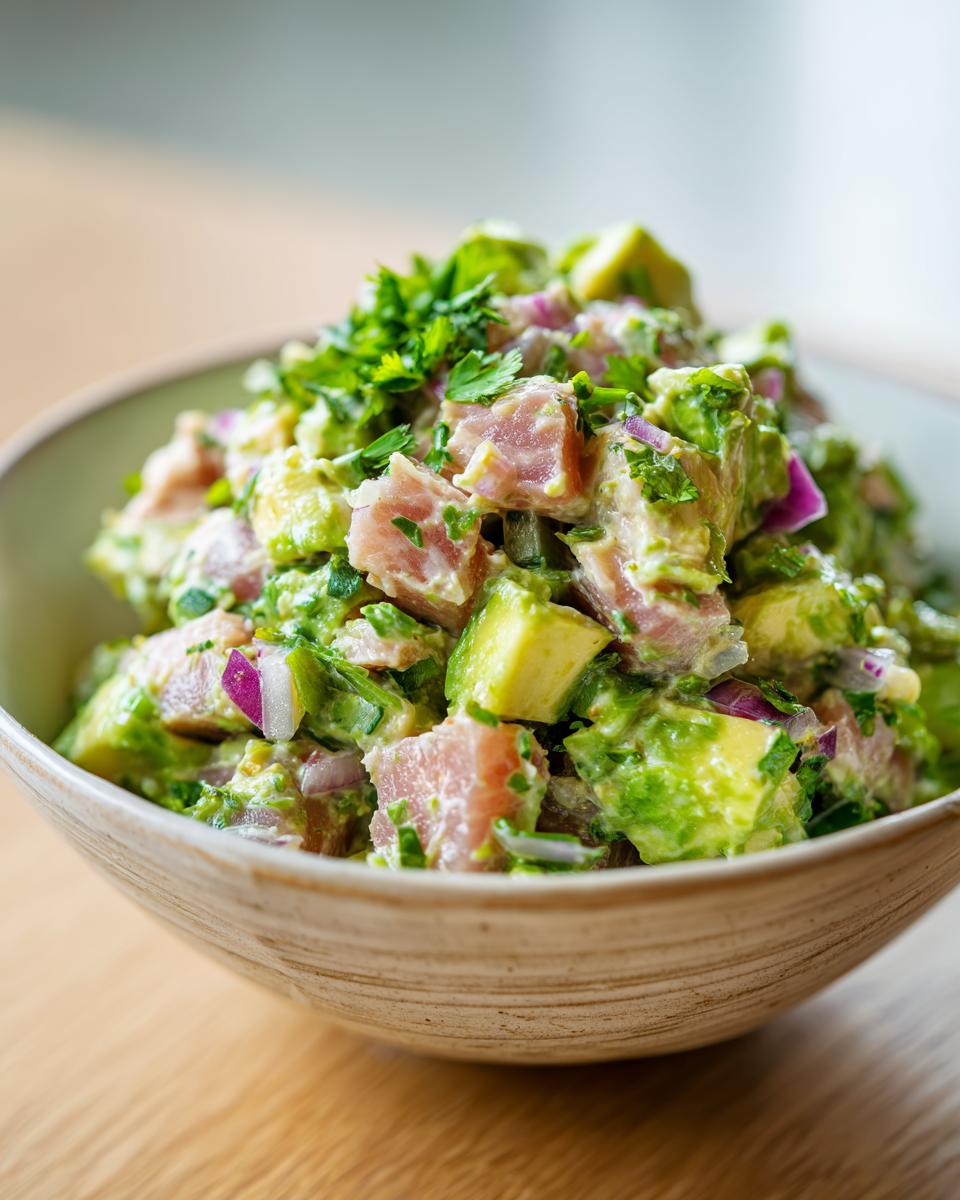 Close-up of a bowl filled with avocado tuna salad, featuring chunks of tuna, avocado, red onion, and herbs.