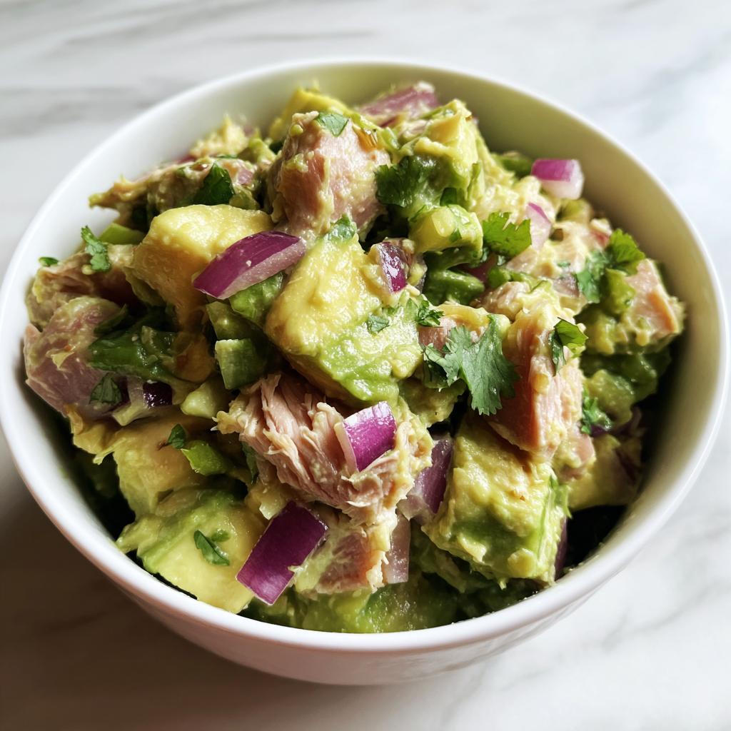 Close-up of a bowl filled with creamy avocado tuna salad, featuring chunks of avocado, tuna, red onion, and cilantro.