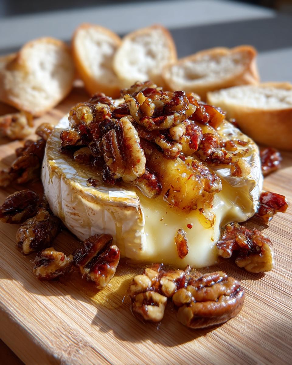 Close-up of baked brie topped with peaches and toasted pecans, served with baguette slices.