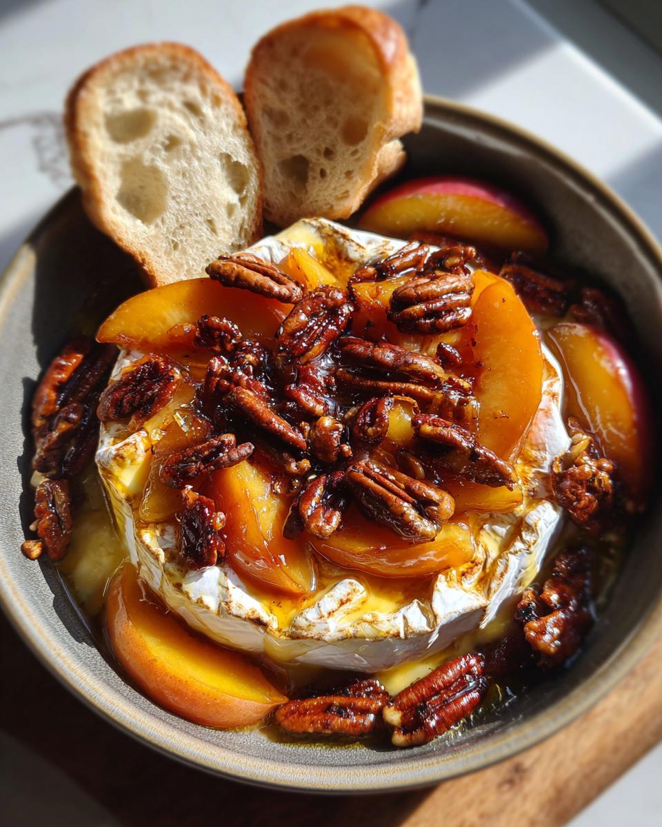A warm baked brie topped with sliced peaches and candied pecans, served with toasted bread slices.