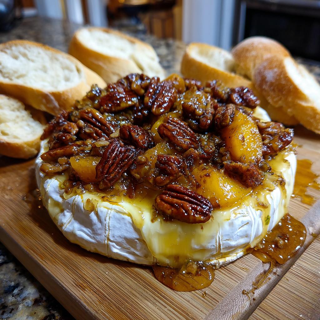 A wheel of baked brie topped with peaches and toasted pecans, served with baguette slices.