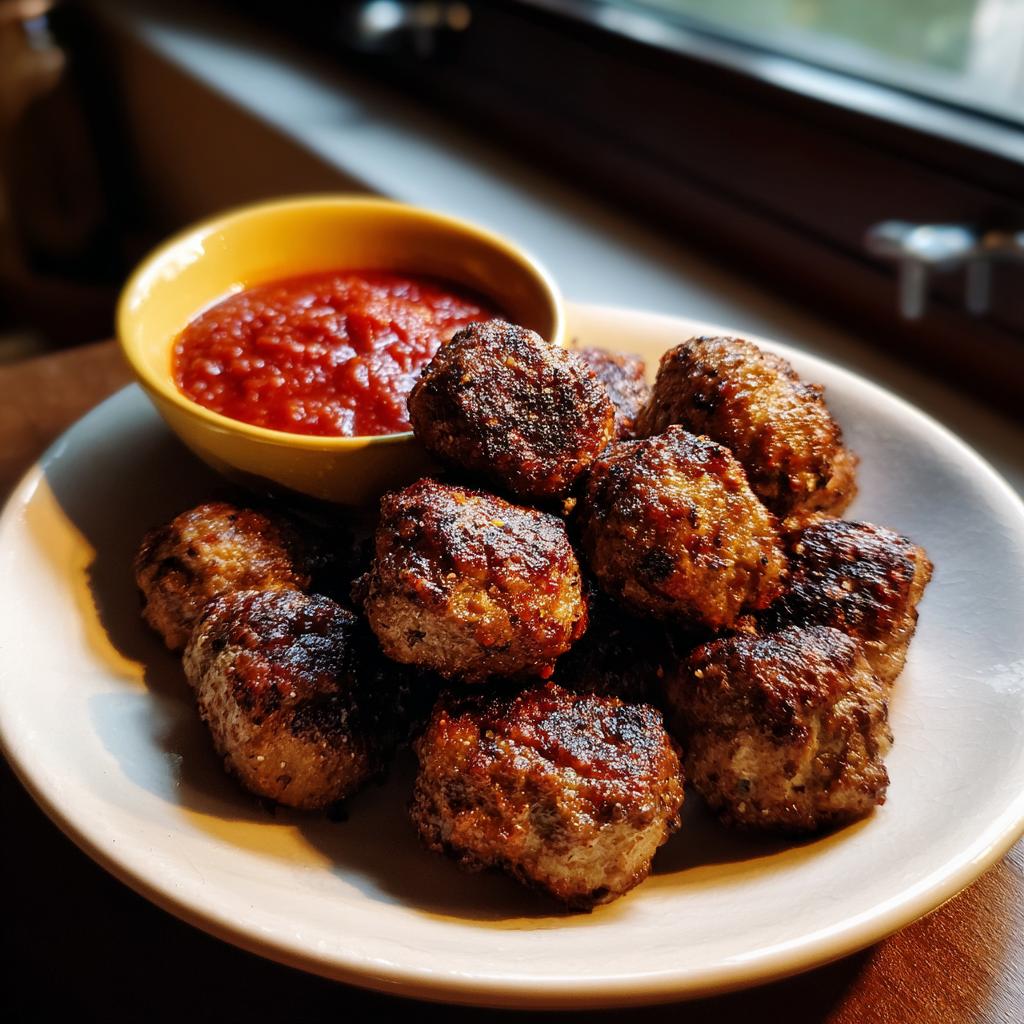A plate of golden-brown baked meatballs served with a small bowl of marinara sauce, perfect for easy dinner recipes.