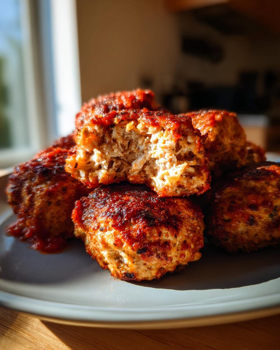 Close-up of a stack of juicy baked meatballs covered in tomato sauce, one meatball is broken open.