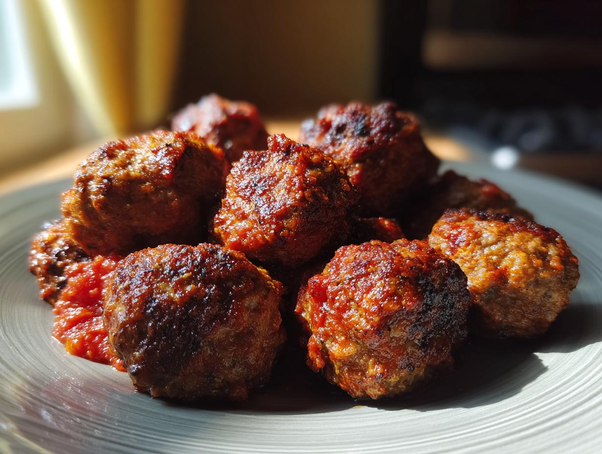 A close-up of delicious baked meatballs in a rich tomato sauce, perfect for easy dinner recipes.
