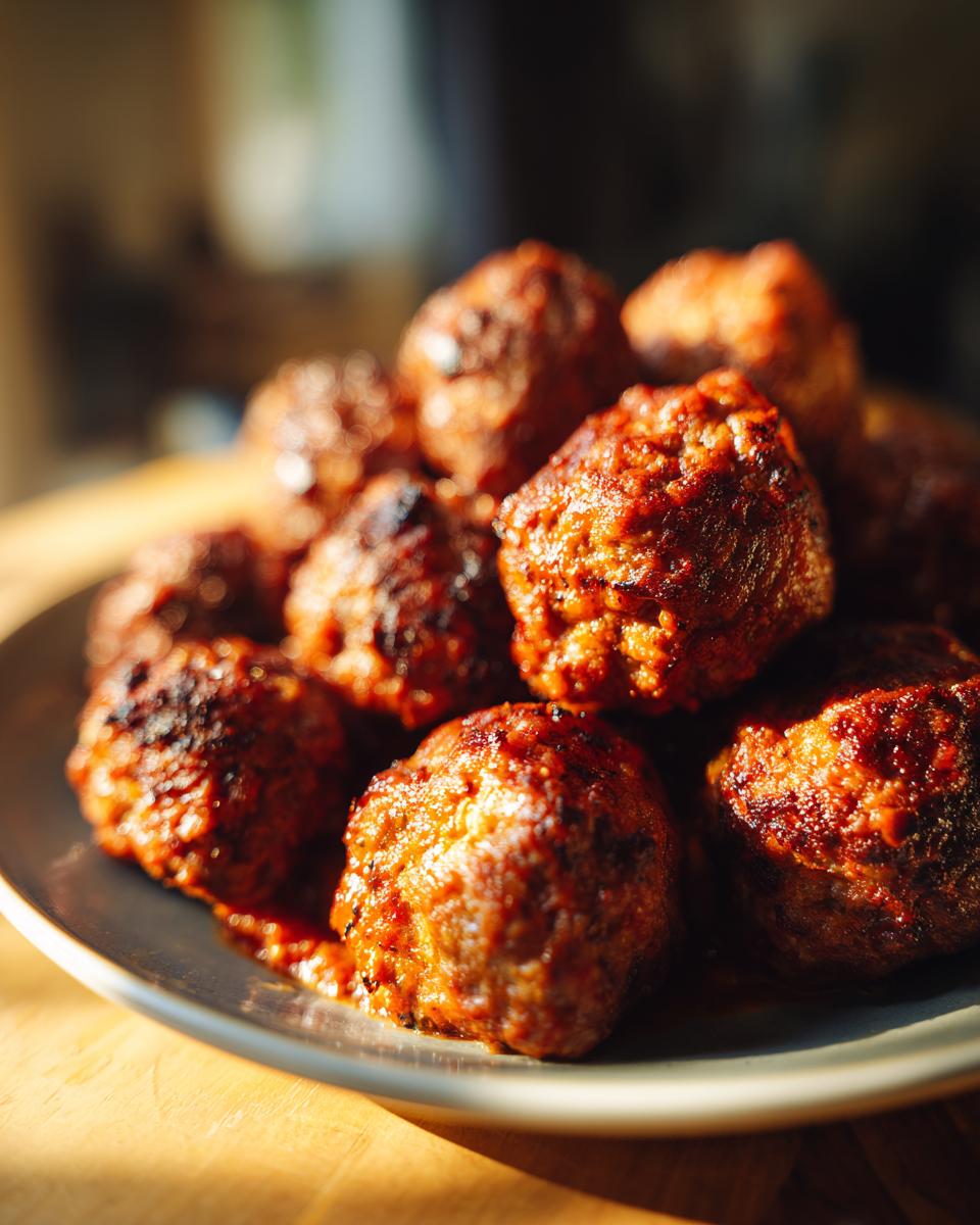 Close-up of a plate piled high with golden-brown baked meatballs, perfect for easy dinner recipes.