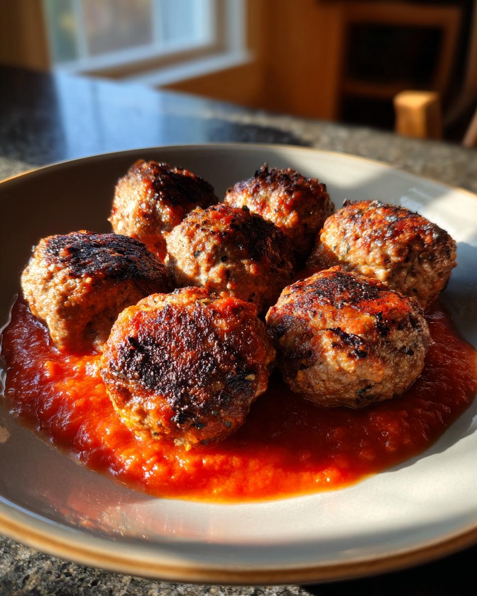 A bowl of perfectly baked meatballs nestled in rich tomato sauce, ideal for easy dinner recipes.