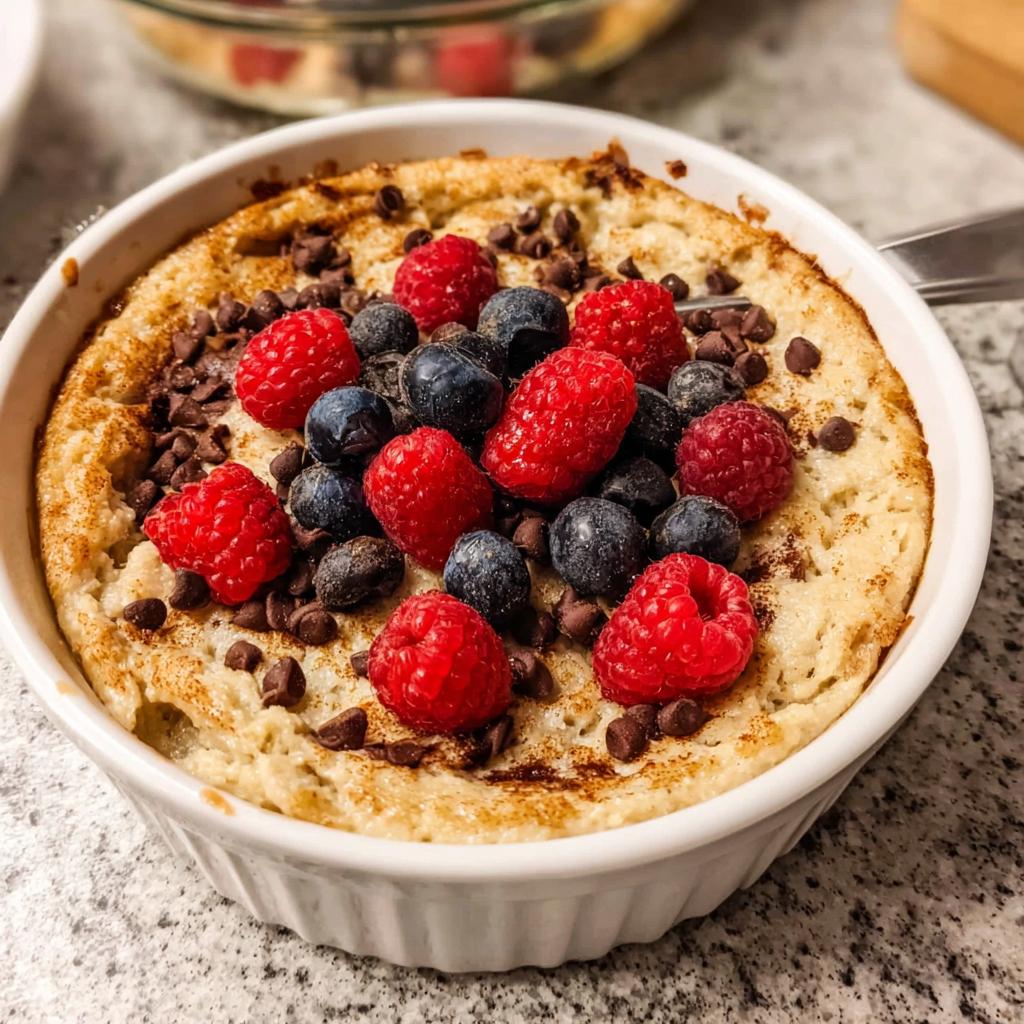 A close-up of a fluffy baked protein bowl topped with fresh raspberries, blueberries, and mini chocolate chips.