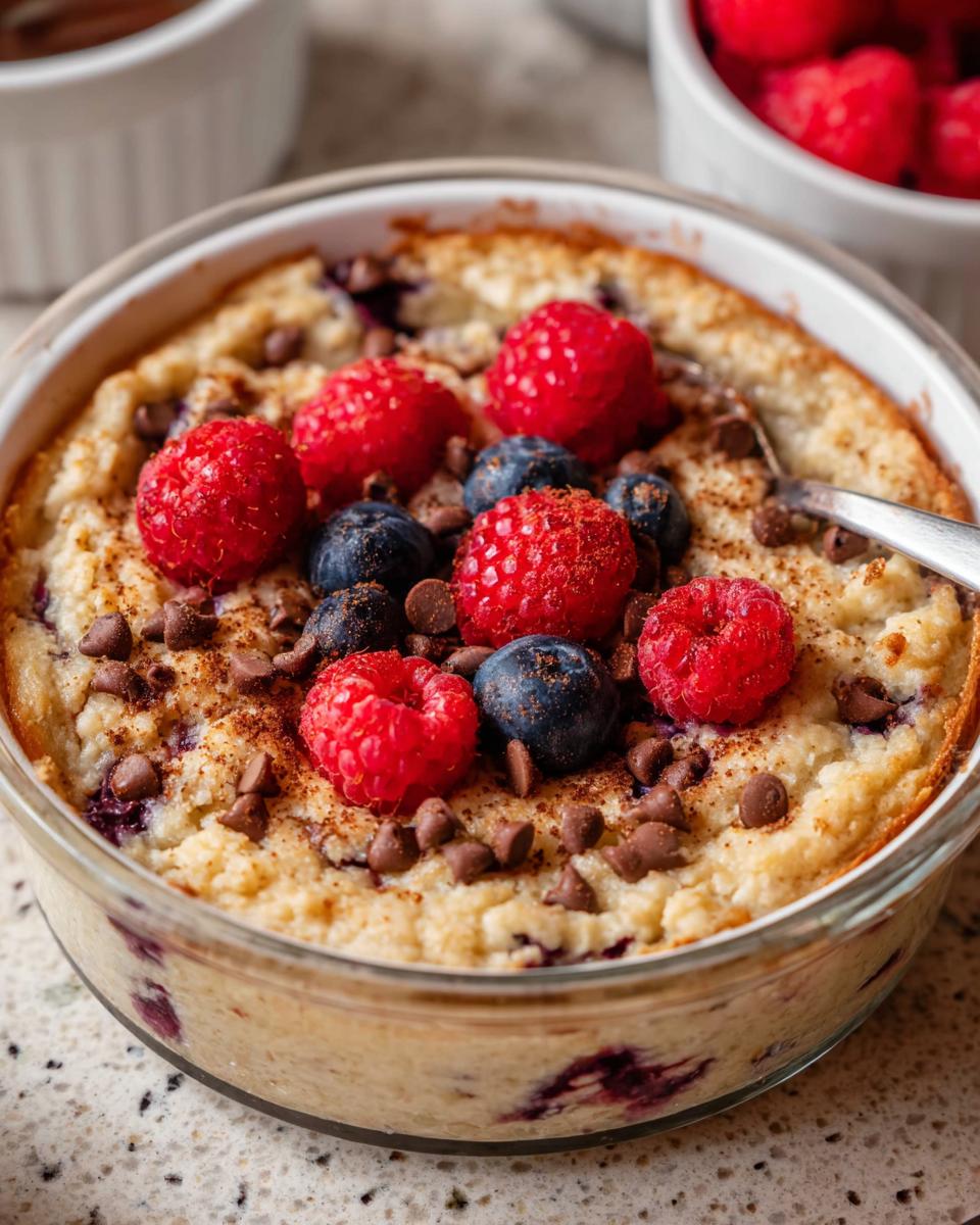 A fluffy baked protein bowl topped with fresh raspberries, blueberries, chocolate chips, and a sprinkle of cinnamon.