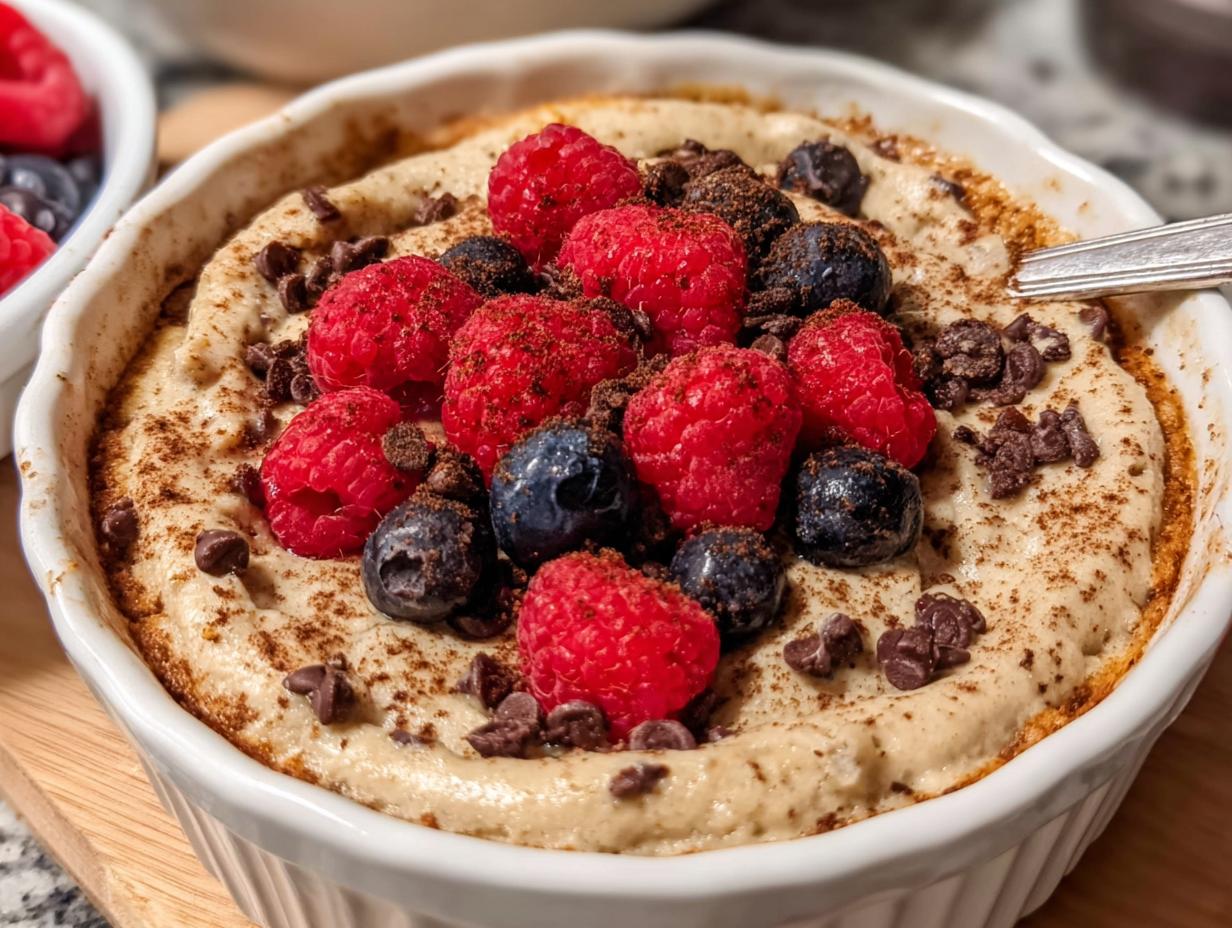 Close-up of a fluffy baked protein bowl topped with fresh raspberries, blueberries, and chocolate chips.