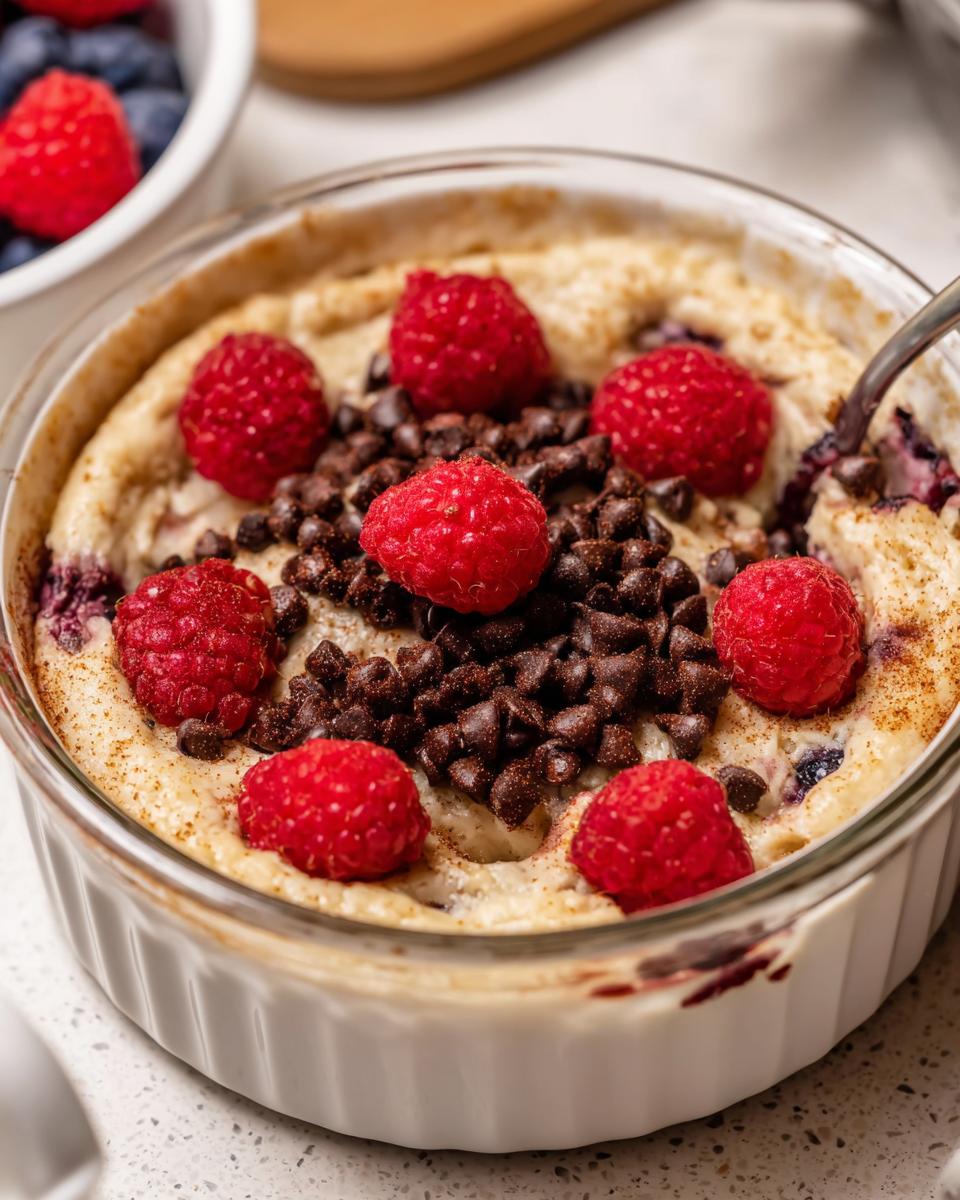 Close-up of a fluffy baked protein bowl topped with fresh raspberries and mini chocolate chips.