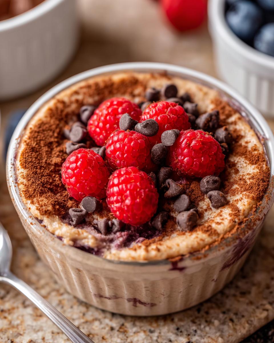Close-up of a fluffy baked protein bowl topped with fresh raspberries, chocolate chips, and cocoa powder.