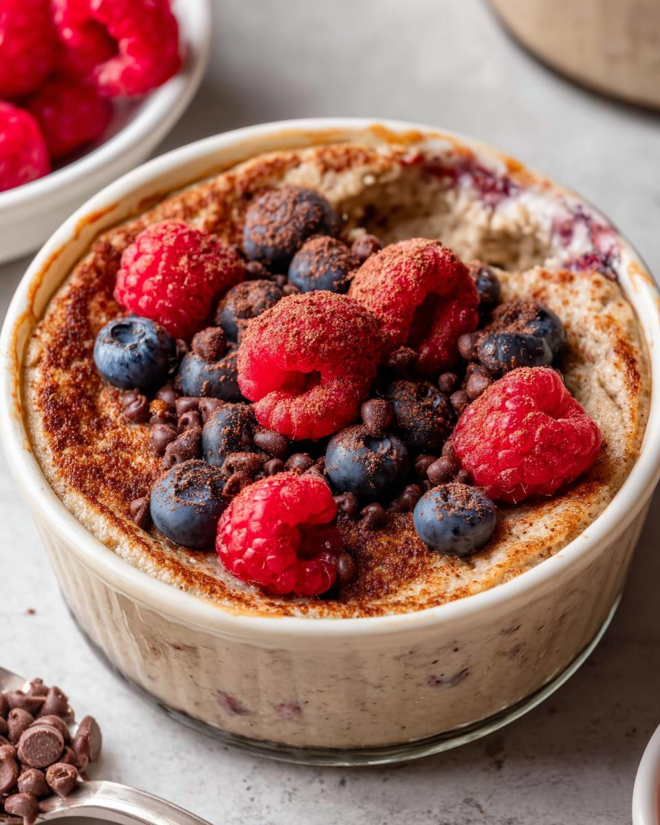 A fluffy baked protein bowl topped with fresh raspberries, blueberries, chocolate chips, and cocoa powder.