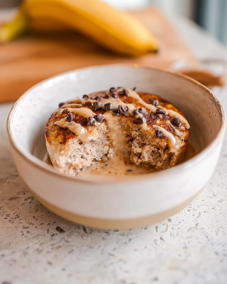 A bite taken out of a Baked Protein Pancake Bowl topped with peanut butter drizzle and chocolate chips.