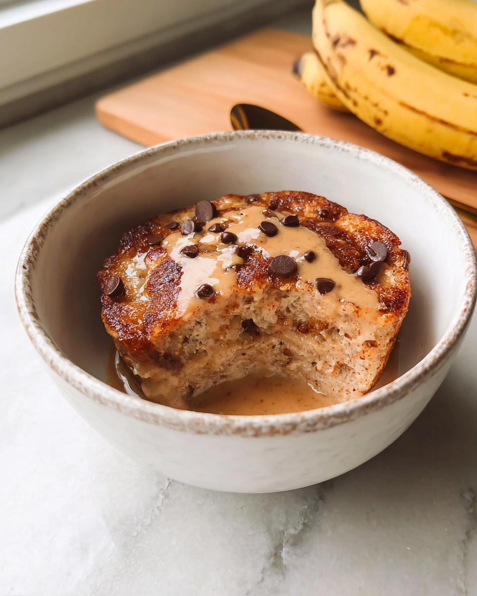 A bite taken out of a baked protein pancake bowl topped with peanut butter and chocolate chips.