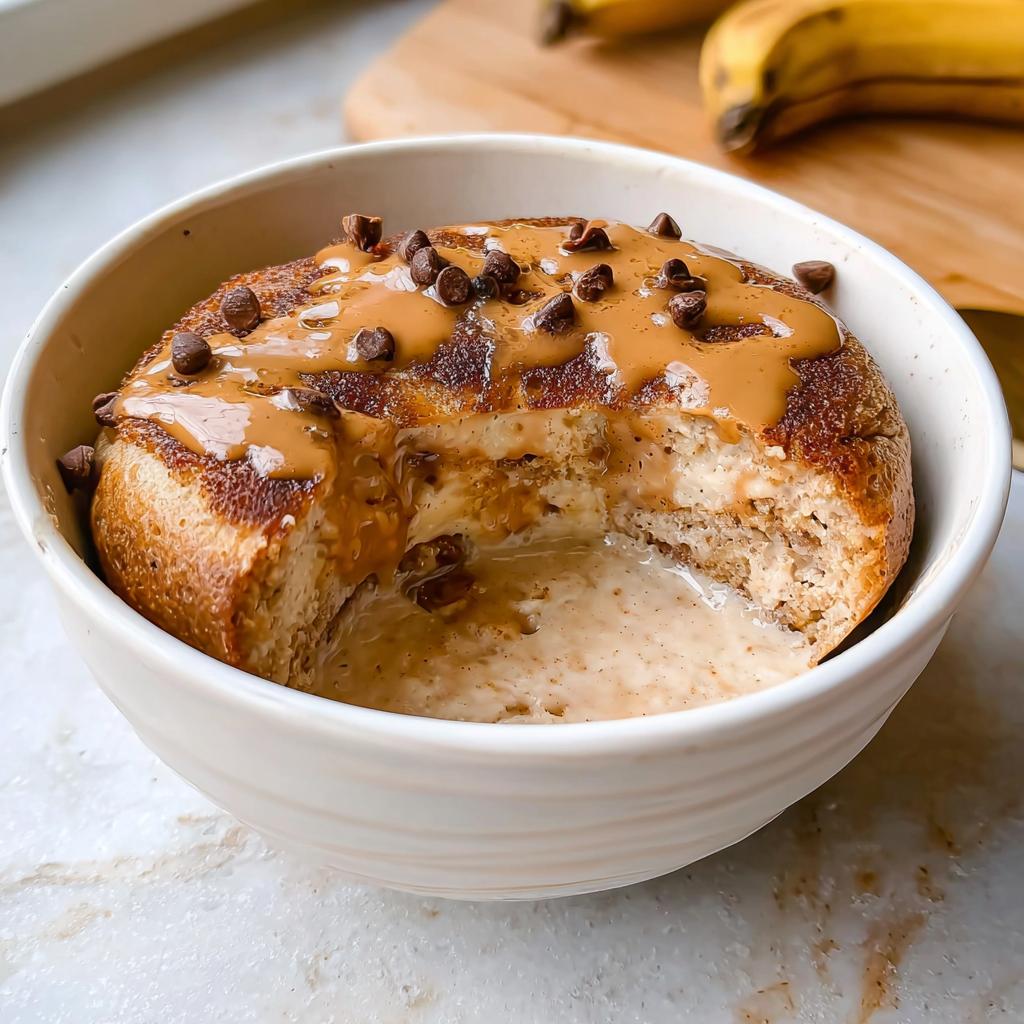 A close-up of a Baked Protein Pancake Bowl topped with peanut butter drizzle and chocolate chips, with a bite taken out.