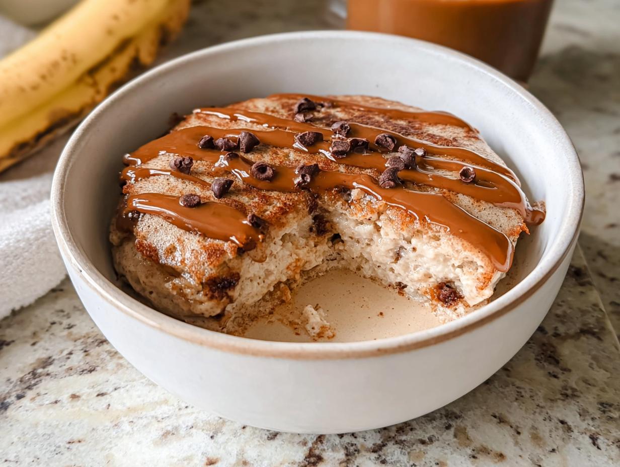 A close-up of a baked protein pancake bowl, topped with caramel sauce, chocolate chips, and cinnamon.