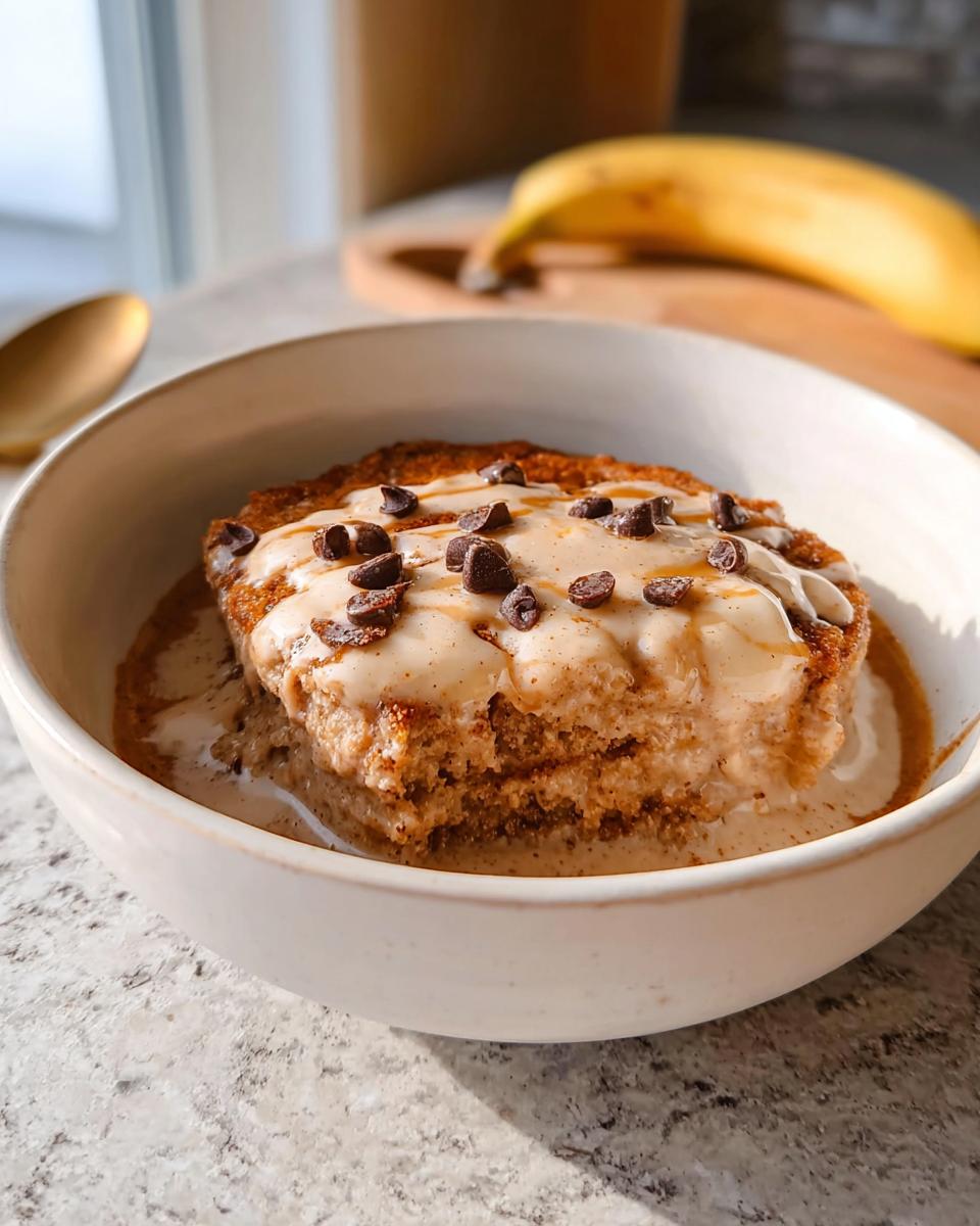 A close-up of a Baked Protein Pancake Bowl topped with creamy frosting and chocolate chips, served in a white bowl.