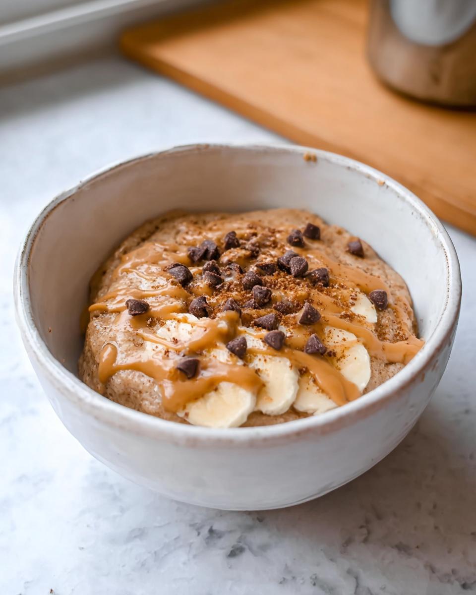 A close-up of a white bowl filled with Baked Protein Pancake Bowls, topped with sliced bananas, peanut butter drizzle, and chocolate chips.