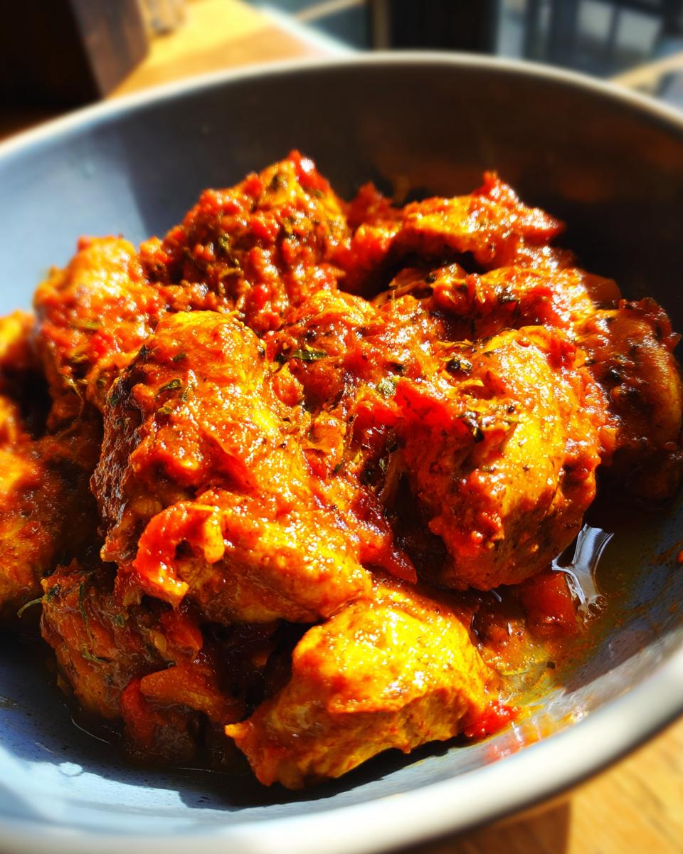 Close-up of tender baked salsa chicken breast pieces in a bowl, coated in a rich, red sauce.