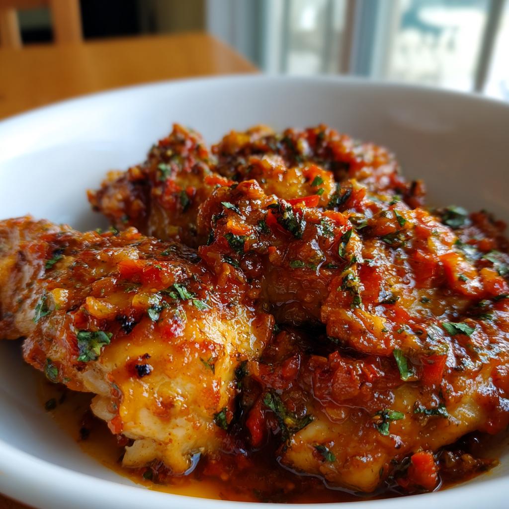 Close-up of baked salsa chicken in a white bowl, glistening with a savory red salsa and fresh herbs.