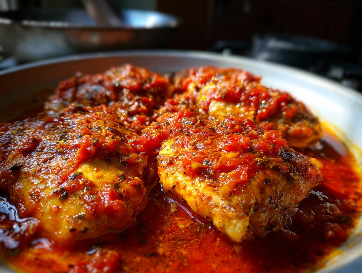 Close-up of baked salsa chicken breast in a pan, covered in a rich, red salsa sauce.