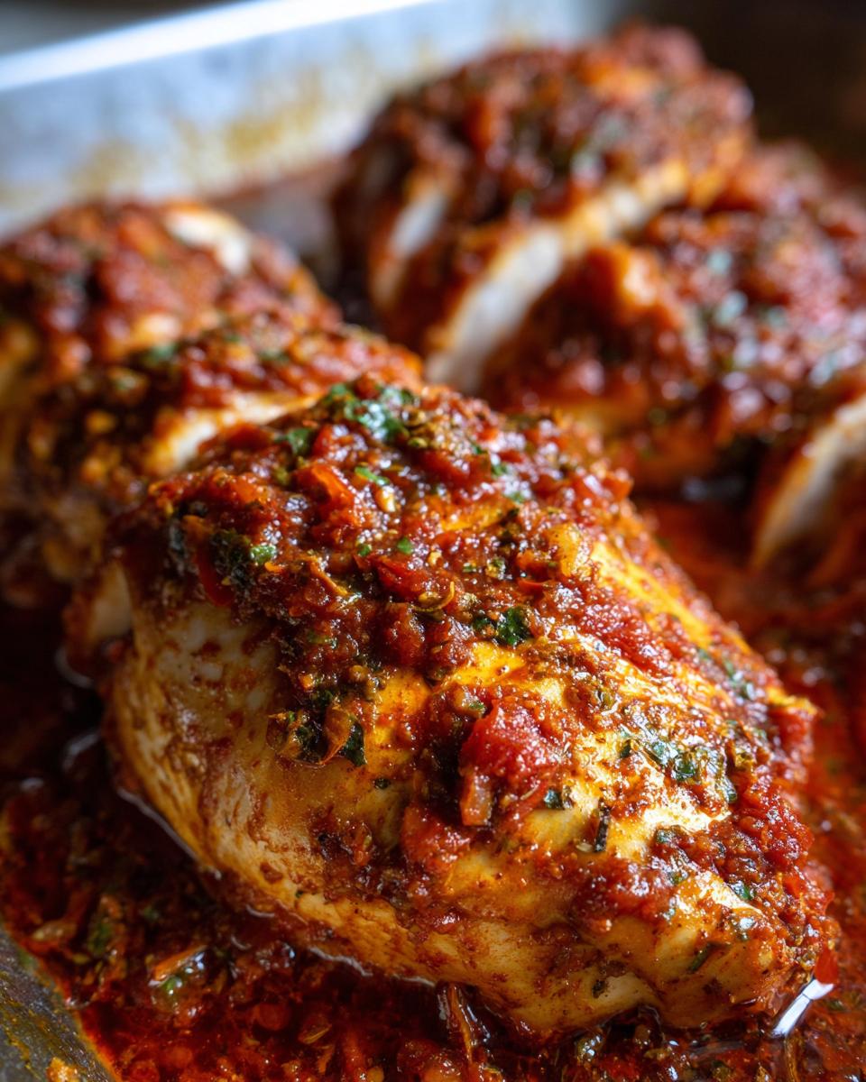 Close-up of juicy baked salsa chicken breasts in a baking dish, ready to serve.
