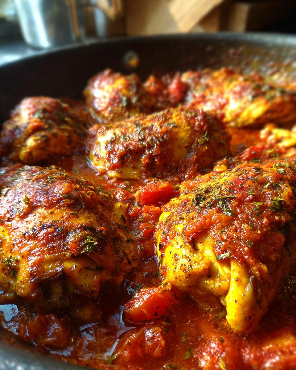 Close-up of baked salsa chicken pieces in a rich tomato sauce with herbs.
