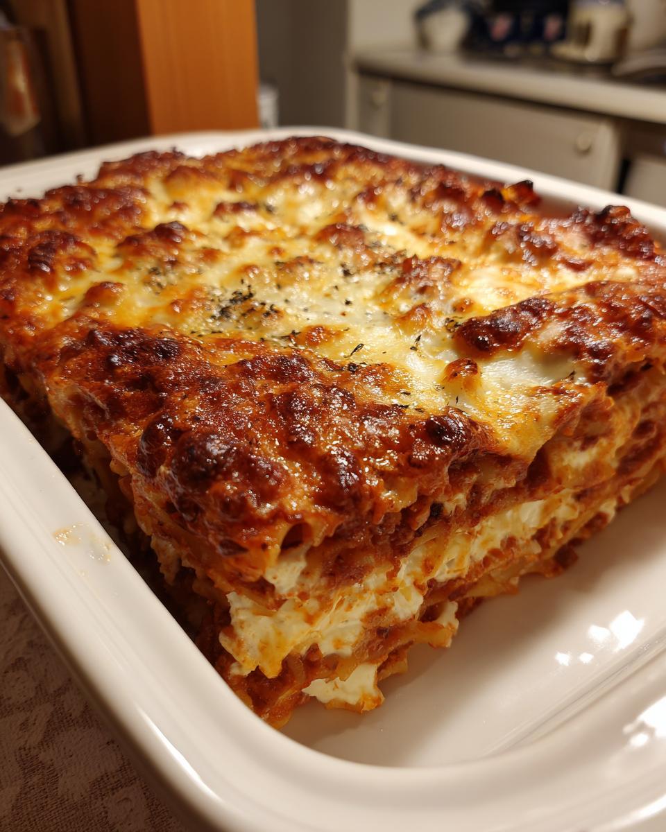 A close-up of a square slice of baked ziti with three cheeses, showing layers of pasta, sauce, and melted cheese topping.