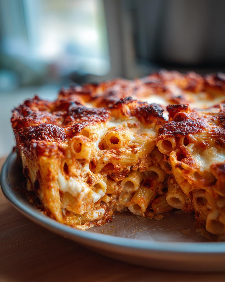 Close-up of a slice of baked ziti with three cheeses, showing tubes of pasta coated in rich tomato sauce and melted cheese.