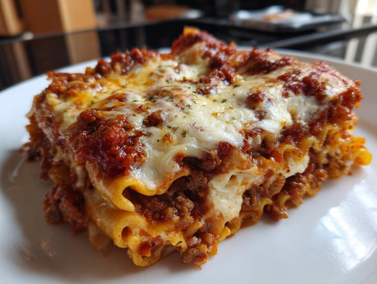 A delicious slice of baked ziti with three cheeses, featuring layers of pasta, meat sauce, and melted cheese.