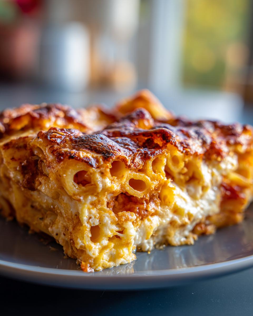 A close-up of a delicious slice of baked ziti with three cheeses, showing layers of pasta and creamy cheese filling.