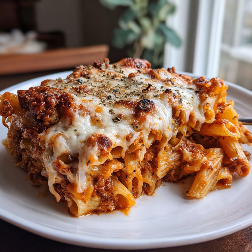 A generous slice of baked ziti with three cheeses, featuring penne pasta, rich tomato sauce, and melted mozzarella.