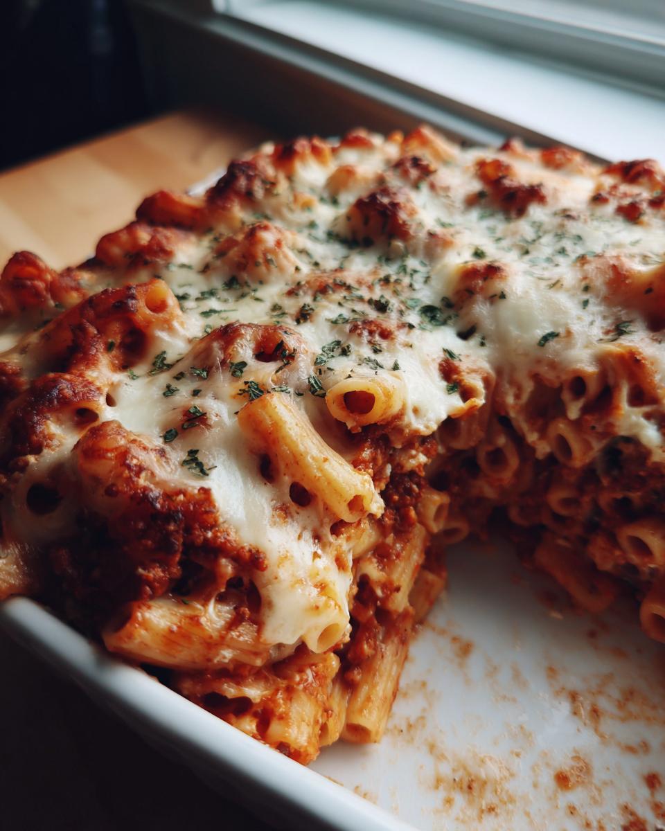 Close-up of a serving dish filled with baked ziti pasta, topped with melted cheese and parsley.