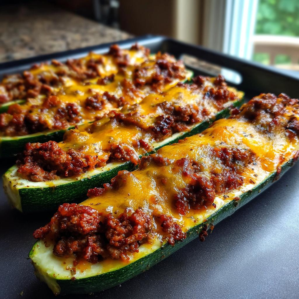 Close-up of baked zucchini boats filled with ground beef and topped with melted cheese.