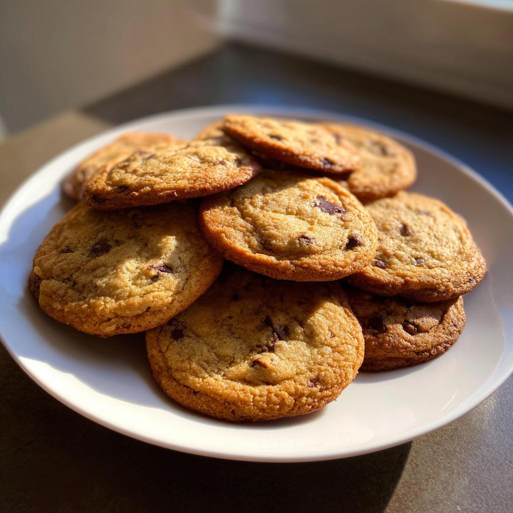 A pile of golden brown butter cookies with chocolate chips on a white plate.