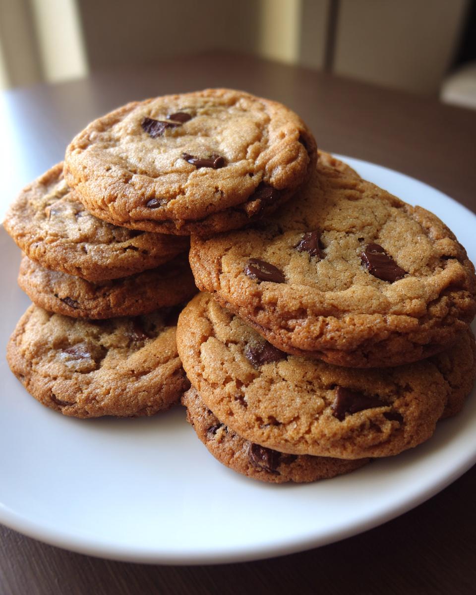 A stack of delicious bakery fresh brown butter cookies with chocolate chips on a white plate.